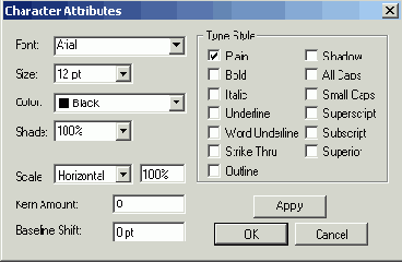 Диалоговое окно Character Attributes