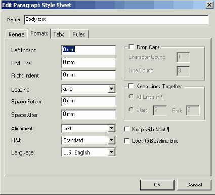  Formats   Edit Paragraph Style Sheet