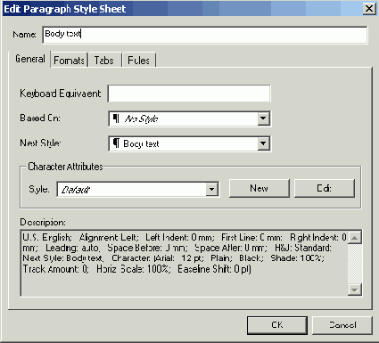  General   Edit Paragraph Style Sheet